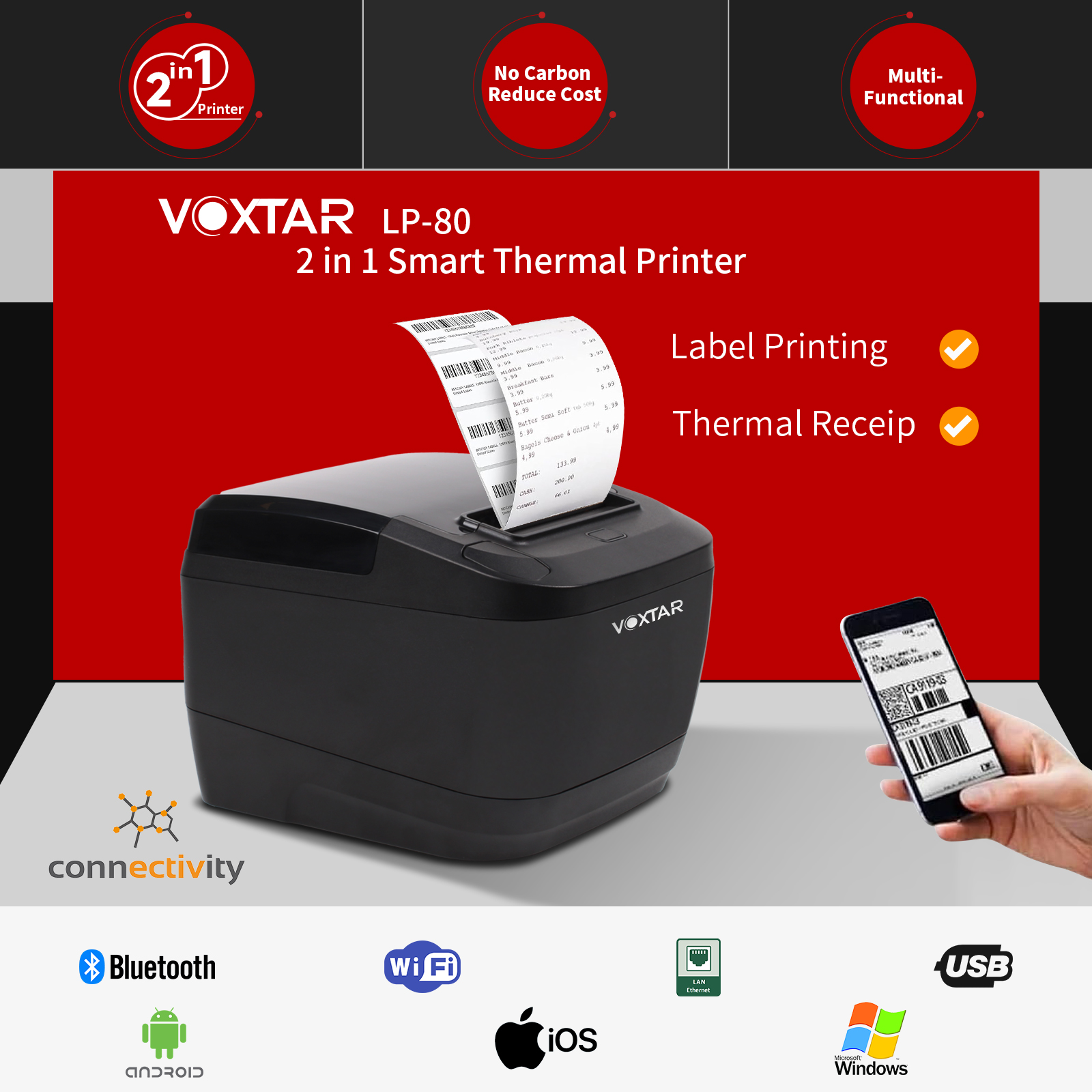 Voxtar 20-82mm width 2 IN 1 BT/WIFI/LAN/USB Thermal Label Printer Receipt Printer POS Printer Bar code printer
