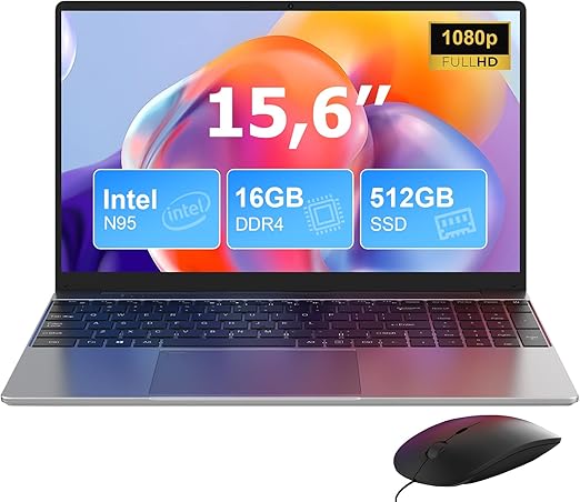 VOXTAR 16GB DDR4 512GB SSD, 15.6 inch Laptop with Quad-Core N95 Processor, 1920 x 1080 IPS FHD Screen, 2.4/5G WiFi, BT5.0, USB3.0 x 2